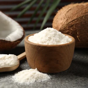 Coconut milk powder in bowl with fresh coconut pieces
