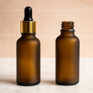 30ml amber frosted glass bottle with 18mm golden and silver dropper for serums and essential oils30ml amber frosted glass bottle with 18mm golden and silver dropper for serums and essential oils